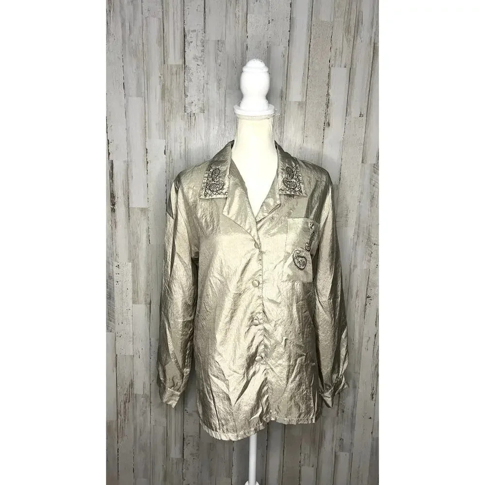 Vintage Judy Bond Women's Gold Long Sleeve Button-Up Shirt Size 12‎